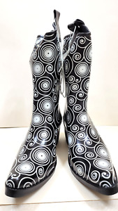 BLAZIN ROXX Cowboy Rain Boots Black White Spirals Pointed Toes 58906 Sz 11