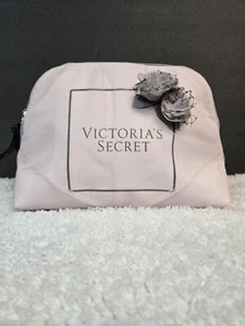 VICTORIA'S SECRET Lace Overlay Bag Teasek w/ Black Trim Floral applique cosmetic - Picture 1 of 14