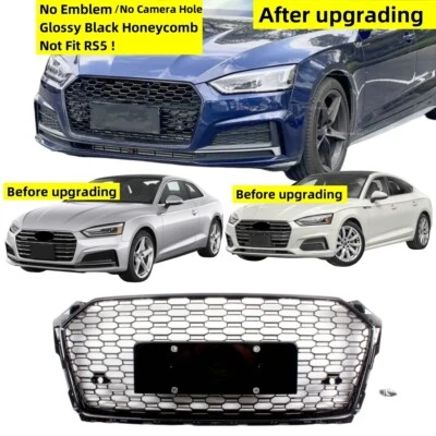 RS5 Style Honeycomb Fits AUDI A5 S5 B9 2018 2019 Glossy Black Front Grille Grill - Изображение 1 из 4