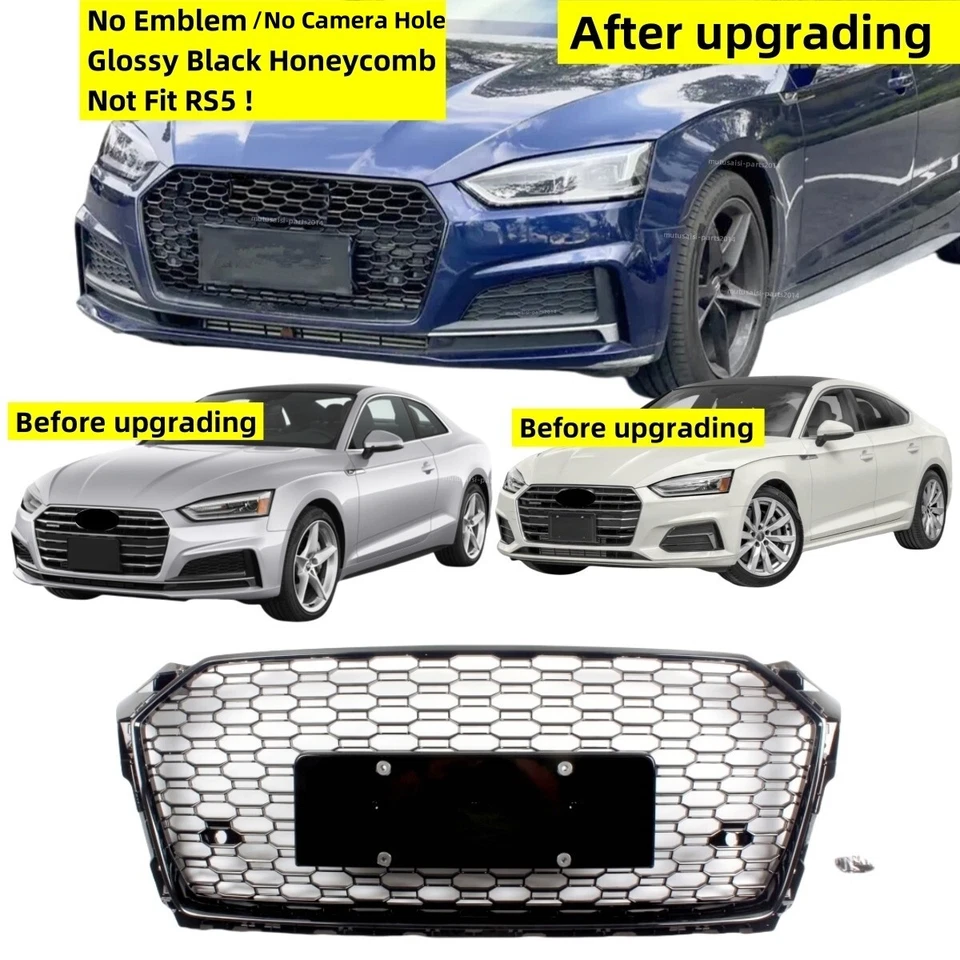 RS5 Style Honeycomb Fits AUDI A5 S5 B9 2018 2019 Glossy Black Front Grille Grill Foto 1 de 4