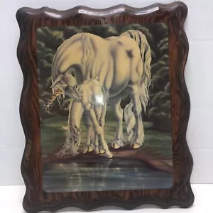 VTG Unicorn Momma & Baby "First Look" Decoupage Print Wood Wall Hanging 11" X 9" - Picture 1 of 9