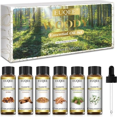 EUQEE Duftöl-Set 6x10ml – Zimt, Sandelholz, Myrrhe – Ätherische Holzöle Geschenk
