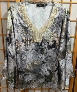 Susan Graver Artisan Beaded Floral V-Neck Tunic Top Womens Size XL 3/4 Sleeve - Picture 1 of 5