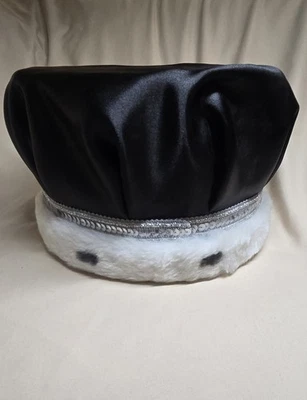 Black Satin Crown Silver Sequin Band White Faux Fur Trim Prom King Costume 6"x8" - Image 1 of 4