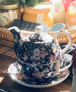 Stechcol Gracie Porzellan 4 Teile Tea For One Black Floral Millefleur W Pink - Bild 1 von 20
