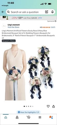 Buquê de dama de honra Ling's Moment flores artificiais rosa empoeirada e azul marinho se... - Imagem 1 de 4