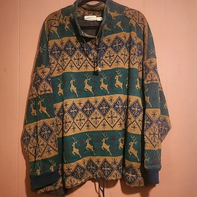 Винтажный пуловер Venezia теплая шерстяная смесь четверть молнии свитер снежинки/олени S28 - Изображение 1 из 4