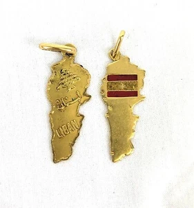 Karte von Libanon mit Zederbaum & Flagge 18k (750) Gold Charm Anhänger Paar ~ T578A - Bild 1 von 9