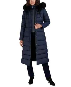 Tahari Womens Sz L Maxi Shine Bibbed Faux Fur Trimmed Hooded Puffer Coat $350 - Picture 1 of 5