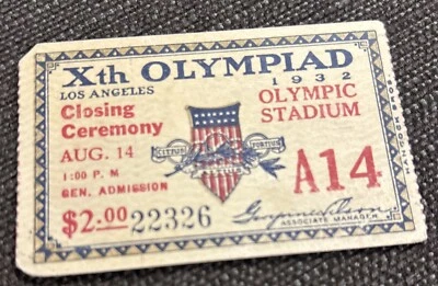 1932 Olympic Closing Ceremony Ticket Stub August 14 Los Angeles Olympiad - Image 1 of 3
