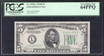 FR. 1958-L 1934-B $5 FRN FEDERAL RESERVE NOTE SAN FRANCISCO, CA PCGS UNC-64PPQ - Image 1 of 2
