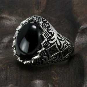 Bague Onyx Agate homme argent massif 925 pas cher pierre noir Zirconium Antique - Imagen 1 de 14