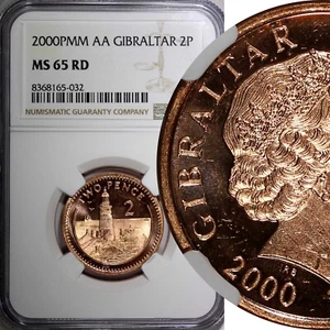 Gibraltar Elizabeth II 2000 2 Pence BU NGC MS65 RD FULL RED KM# 774 (032) - Picture 1 of 5