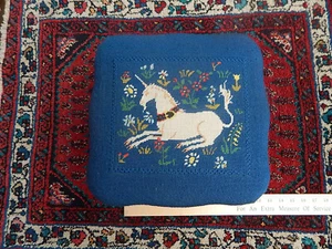 Antique Victorian Unicorn Fine Needlepoint Small Stool - Picture 1 of 11