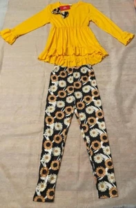 Girls 2 Piece Bow Knot Ruffled Long Sleeved Tee And Flower Pants Outfit Set  - Picture 1 of 2