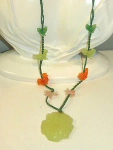 Celadon Pale Green Jade Carved Stone Year of the Cat Rooster Fish Necklace DC 4 - Picture 1 of 5