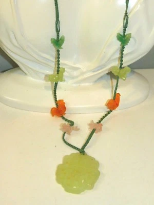 Celadon Pale Green Jade Carved Stone Year of the Cat Rooster Fish Necklace DC 4 - Image 1 of 4