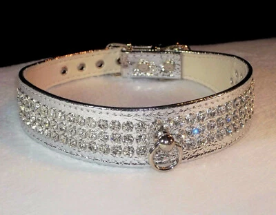 Rhinestone Dog Pet Collar 3 Row Crystal Jewel Bling Metallic in Silver Stunning! - Image 1 of 4
