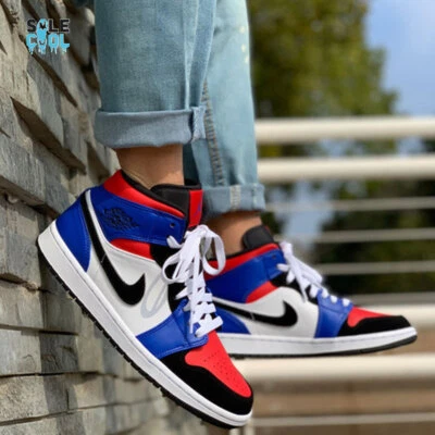 Nike Air Jordan 1 AJ1 GS Mid Top Blanco Negro Azul Zapatos 554725-124 Foto 1 de 4