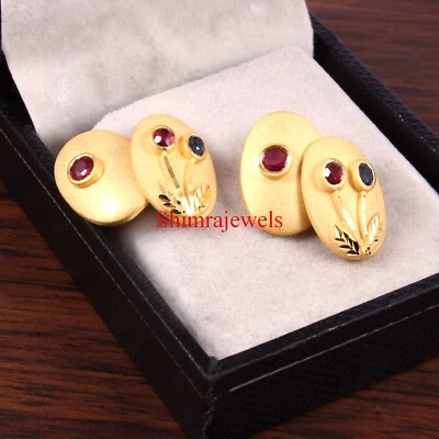 Heated Ruby & Heated Sapphire Gemstone With Gold Plated Silver Cufflinks #143 - Image 1 of 4