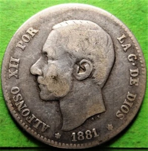 ALFONSO XII, 1 Peseta, 1881, Silver, SPAIN - Picture 1 of 2