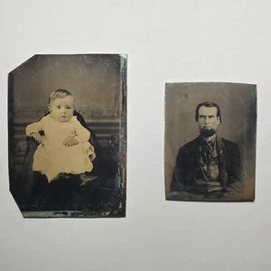 Two Antique Tintype Photos Man And Infant Potraits 2.5 x 3.5 and Smaller  - Picture 1 of 4