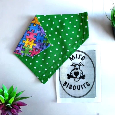 Puzzle Theme Green Polka Dot REVERSIBLE Dog Pet BANDANA Over the Collar Scarf - Image 1 of 4