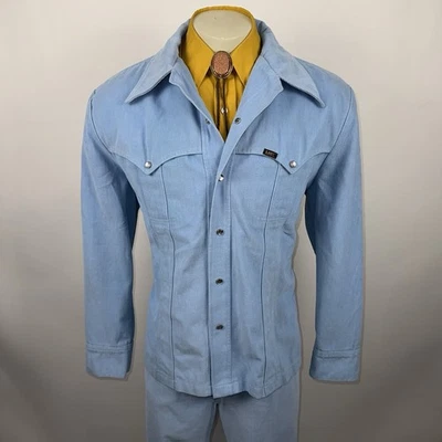 Lee Denim Leisure Suit Pearl Snap Mens Large Jacket 34 30 Pants Western Vtg 70s - Image 1 of 4