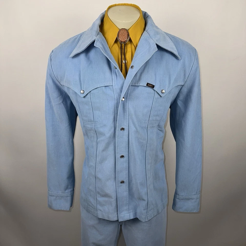 Lee Denim Leisure Suit Pearl Snap Mens Large Jacket 34 30 Pants Western Vtg 70s - Image 1 of 4