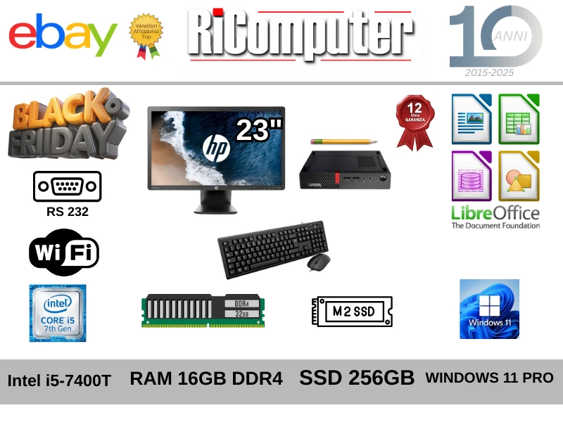 POSTAZIONE MINI PC LENOVO I5 RAM 16GB SSD MONITOR 23" WIFI WINDOWS 11 PRO - Immagine 1 di 1