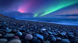 Impresión de póster de pared azul púrpura playa guijarros auroras boreales arte en lienzo - Imagen 1 de 22