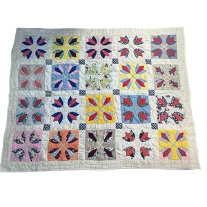 Vintage 1900s Antique Appliqué Tulip Flower Hand-Stitched Quilt Multicolor 77x63 - Picture 1 of 13