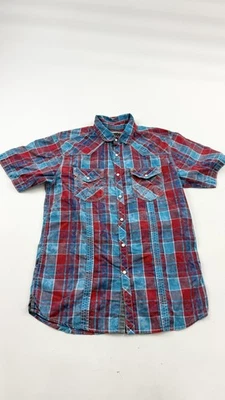 Camisa BKE Vintage Para Hombre Mediana Roja Azul Cuadros Western Pearl Manga Corta a Presión Foto 1 de 4