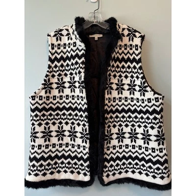 Chaleco tejido Talbots Fair Isle para mujer negro blanco ribete de piel sintética forrado acolchado XL Foto 1 de 4