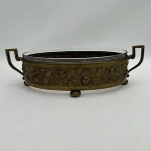 Vintage Oval Brass Footed Planter with Glass Insert Ornate Design *See Desc* - Picture 1 of 14