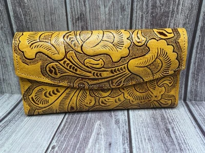 Handmade in Mexico Hand Tooled Leather Long Wallet. New! Yellow. Western - Image 1 of 4