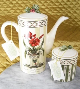 Mary Hughes Vtg Christmas Teapot & Sugar Bowl 98' Amaryllis Holly Ceramic RARE - Picture 1 of 12