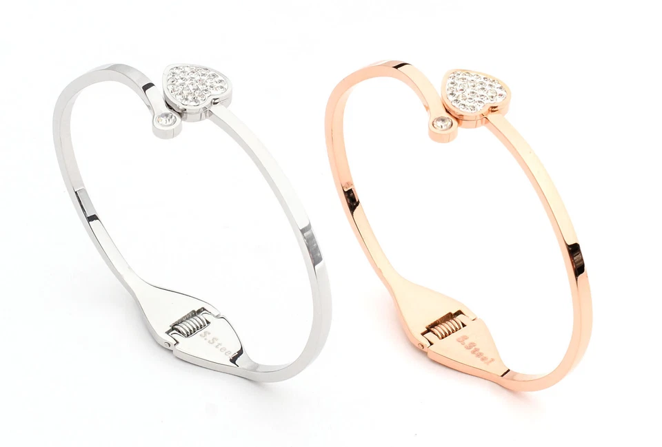 Edelstahl Damen Armband Armreif Herz Design Strass Rosegoldfarben Silberfarben - Bild 1 von 1