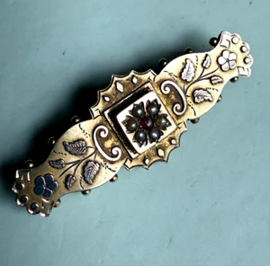 ANTIQUE VICTORIAN 9CT GOLD RUBY SEED PEARLS BROOCH PIN. BIRMINGHAM 1891 - Picture 1 of 7
