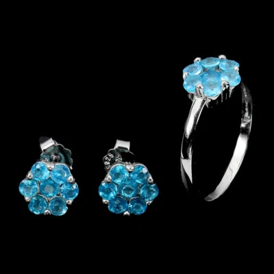 925 Argento Sterling Set Rotondo Apatite 3mm Fiore Gemma Gioielli - Immagine 1 di 4