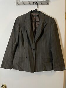 Anne Klein Charcoal Gray Striped Sleeves Jacket & Pant Suit Set Sz12P Wool Blend