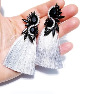 Tassel Drop Dangle Chandelier Earrings 3.5 inch Gray Rhinestone Pageant Prom - Picture 1 of 17
