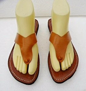 LADIES 100% MOROCCAN LEATHER TOE POST FLIP FLOP SANDALS TAN * - Picture 1 of 3