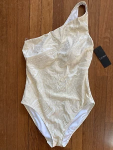 Neu mit Etikett Lauren Ralph Lauren eleganter goldweißer One-Shoulder-Badeanzug 10 203820 140 $ - Bild 1 von 8