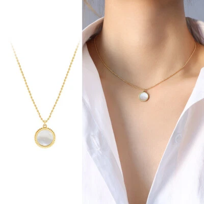 Woman 18K Gold Plated Stainless Steel Mother of Pearl Round Pendant Chain  - Image 1 of 4
