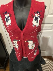 Women’s Ugly Christmas Sweater Red Sleeveless With Snowmen Size Small - Picture 1 of 5