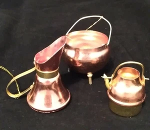 Vintage Brass & Copper Ornaments Lot Of 3 Kitchen Pitcher, Cauldron Pot, Teapot, - Picture 1 of 4