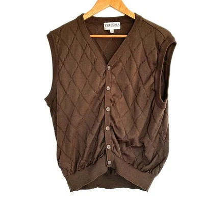 TEHAMA Sweater Vest Men's XL Brown Argyle Knit Button V Neck Made in USA - Image 1 of 4