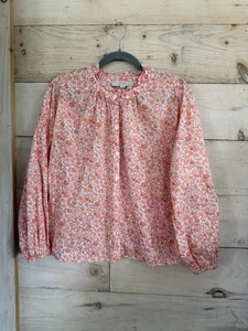 LOFT Jungle Ruffle Neck Poet Blouse Orange & White Floral Boho Peasant Sz MP - Picture 1 of 6