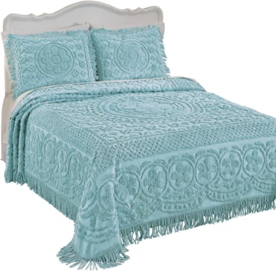 Calista Chenille Lightweight Bedspread with Fringe Border, Turquoise, Full - Изображение 1 из 3
